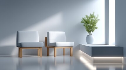 Modern minimalist living room with two chairs and a potted plant.