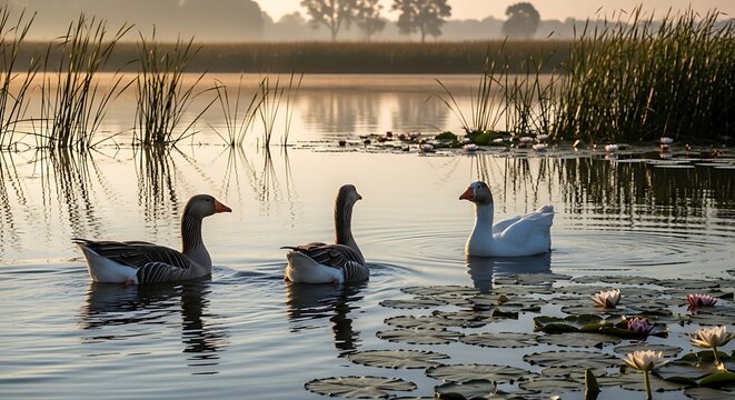 Tranquil scene of geese swimming peacefully in a serene pond during golden hour light