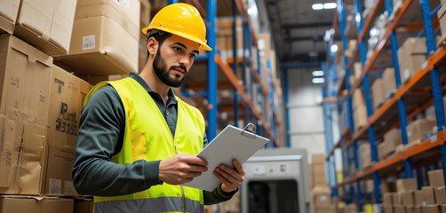 Warehouse worker reviewing inventory checklist in a modern distribution center with boxes and shelves