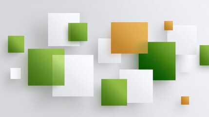 Abstract geometric composition of green, white, and orange shapes on a light background.