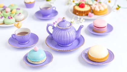 A charming tea set with pastries on a white surface.
