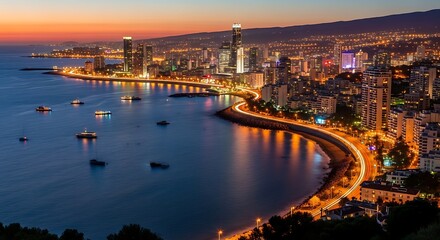 Obraz premium Vibrant cityscape lights reflecting on the tranquil waters at twilight hour