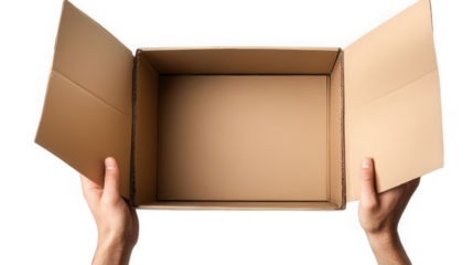 Open cardboard box held by hands, ready for shipping or moving on transparent background
