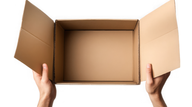 Open cardboard box held by hands, ready for shipping or moving on transparent background