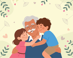 Obraz premium Heartwarming embrace Grandfather's joyous moment with loving grandchildren expressing deep affection.