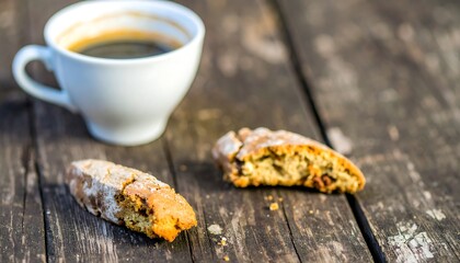 Biscuits and coffee on a rustic wooden table.