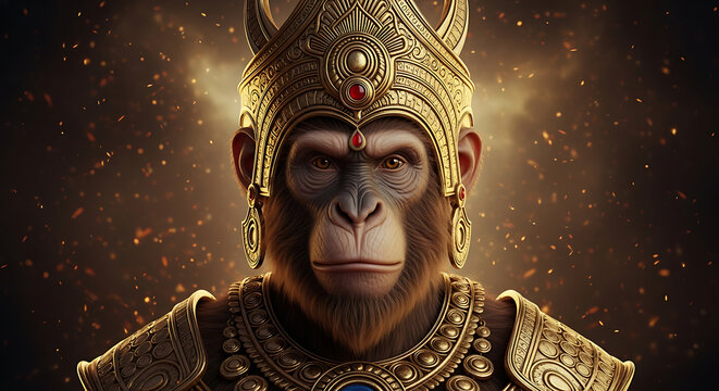 Majestic monkey deity portrait adorned with golden headdress and detailed ornamentation