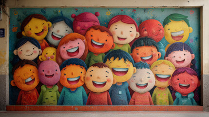 Mural escolar de diversidad con alumnos sonriendo