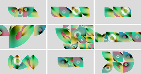 Abstract colorful shapes, gradients, overlapping forms. Nine panels display variations, design elements, modern aesthetic.