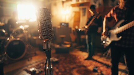 People, band and music practice with singer, microphone and electric guitar for concert rehearsal at home. Musician group, vocal training and recording song, track and audio with team work in garage