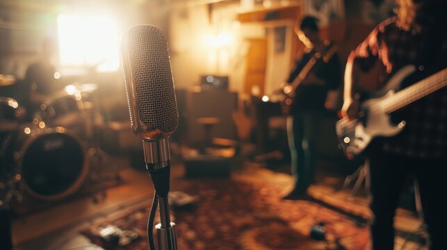 People, band and music practice with singer, microphone and electric guitar for concert rehearsal at home. Musician group, vocal training and recording song, track and audio with team work in garage