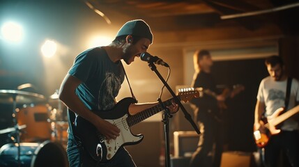 Obraz premium People, band and music practice with singer, microphone and electric guitar for concert rehearsal at home. Musician group, vocal training and recording song, track and audio with team work in garage