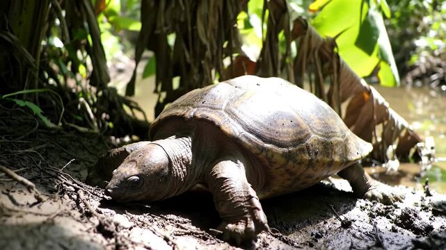 Large Turtle Resting on Muddy Riverbank Under Lush Green Vegetation