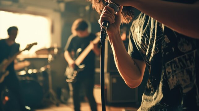 People, band and music practice with singer, microphone and electric guitar for concert rehearsal at home. Musician group, vocal training and recording song, track and audio with team work in garage