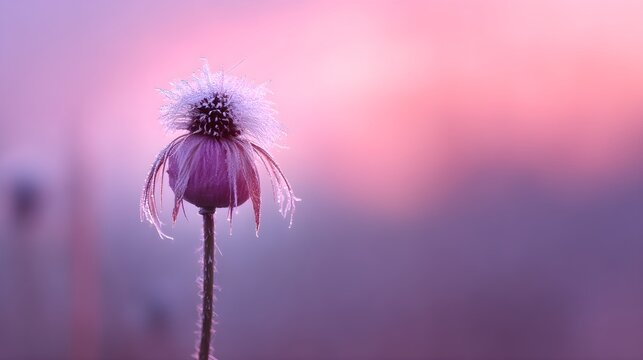 Delicate Frosted Purple Coneflower with Sparkling Dew Drops Against a Soft Pink and Lavender Morning Sky