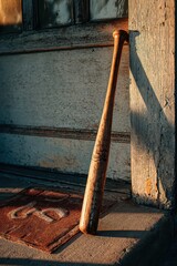 Vintage Baseball Bat Leaning Against Weathered Doorway with Welcome Mat