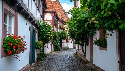 Naklejka premium European charming alleyway, colorful flowers
