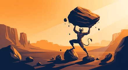 The minotaur's monumental task lifting a boulder in the arid desert landscape with sunset light