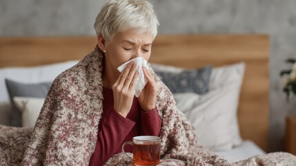 Ill sick middle aged woman sneezing blowing running nose holding tissue sit on bed, upset old mature lady caught cold got flu influenza grippe symptoms drink hot tea taking medications at home alone
