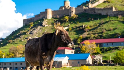 Brown cow stands in a rural landscape with a hilltop fortress.