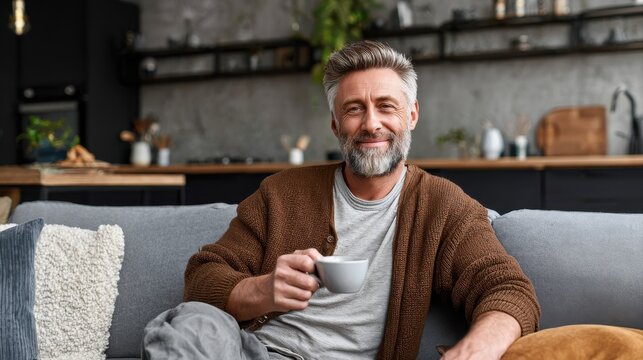 Happy middle aged man holding coffee cup relaxing on couch at home. Smiling mature older man drinking tea looking at camera sitting on cozy sofa chilling in modern kitchen living room. Portrait.