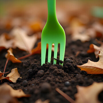 Close-up of biodegradable plastic fork disintegrating into soil
