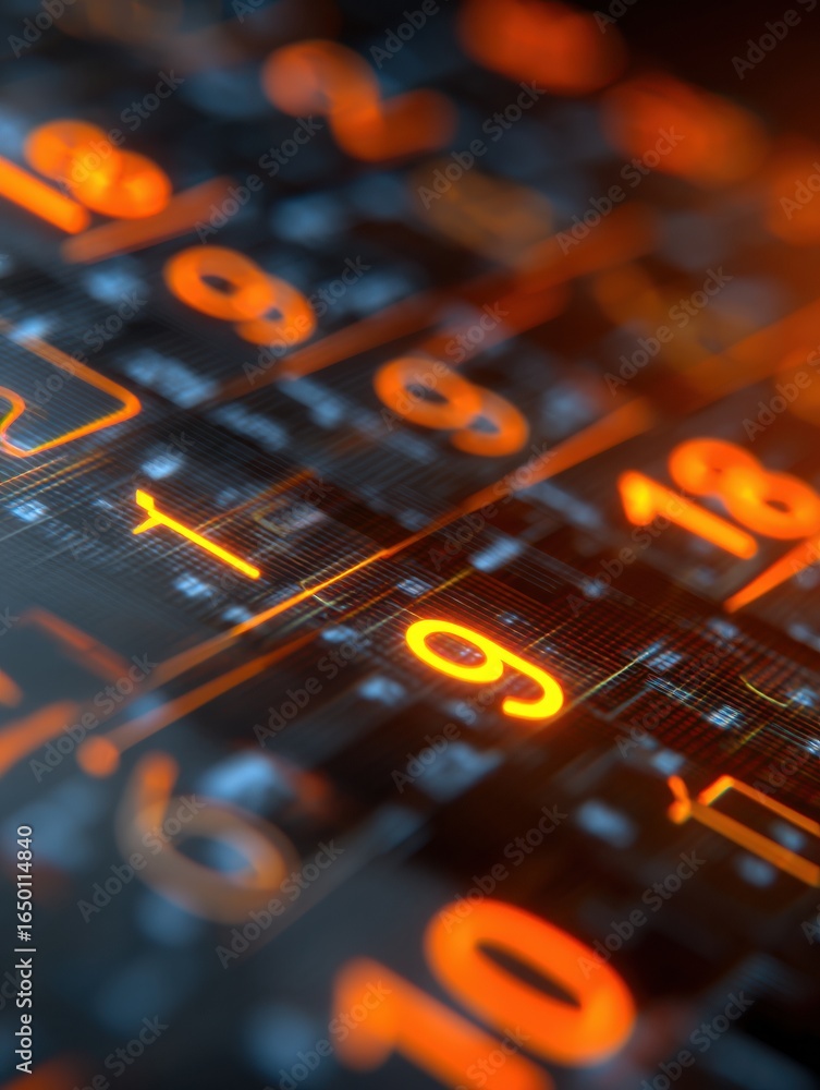 Poster close-up view of a digital display showing illuminated orange numbers and patterns during evening ho