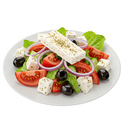 Greek Salad with Feta Olives Tomatoes Red Onion Cucumber and Lettuce.