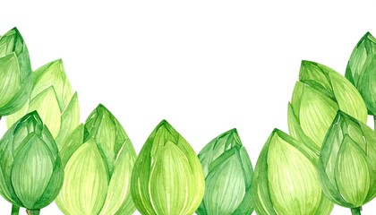 Watercolor illustration of a border of lotus buds in shades of green.