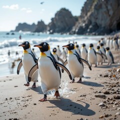 Fototapeta premium penguins running on the beach 