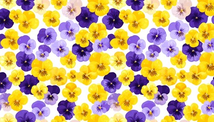 A repeating pattern of vibrant yellow and purple pansies on a white background.