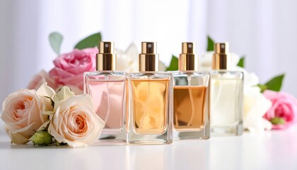 Bottles Of Perfume With Flowers On Light Background