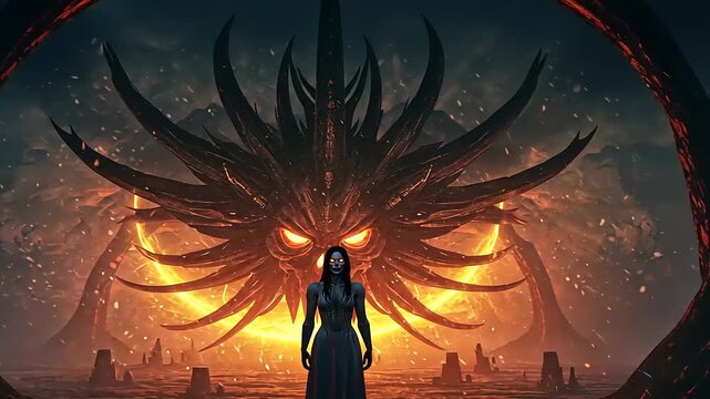 Mysterious figure stands before a fiery demonic portal in a dark, surreal landscape