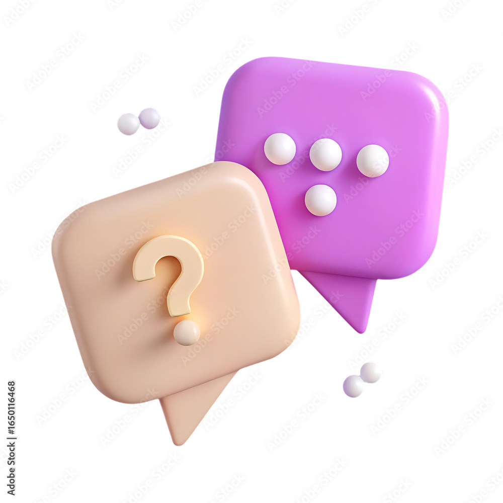 Poster two 3d speech bubbles one with a question mark and one with ellipses isolated on transparent backgro