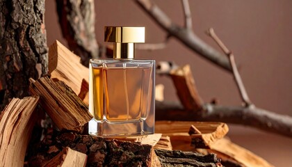 Presentation Of Perfume With Wooden Notes On Brown Background.