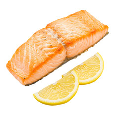 Grilled Salmon Fillet with Two Slices of Fresh Lemon Top View.