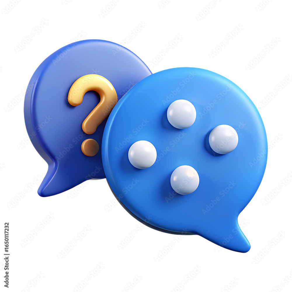 Poster two blue speech bubbles with question mark and dots isolated on transparent background