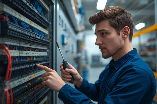Skilled male technician performing electrical wiring maintenance on industrial control panel system in factory.