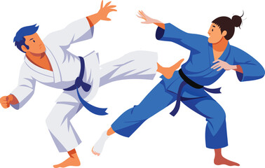 Two martial artists sparring in a dojo practicing a kick and block