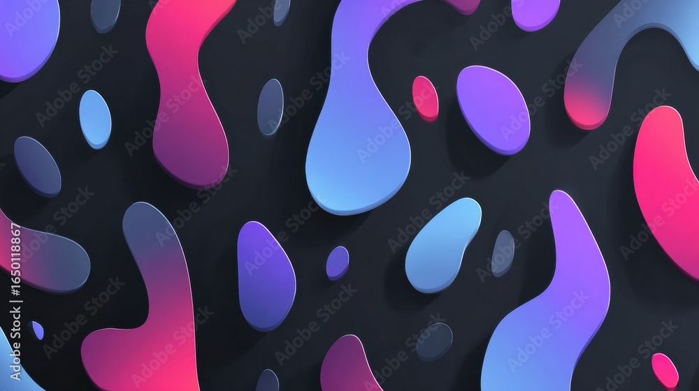 Poster colorful abstract shapes on a dark background displaying fluid forms and gradients in hues of purple