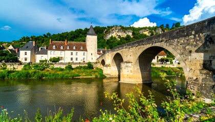 Obraz premium Stone bridge spanning a river through a picturesque village.