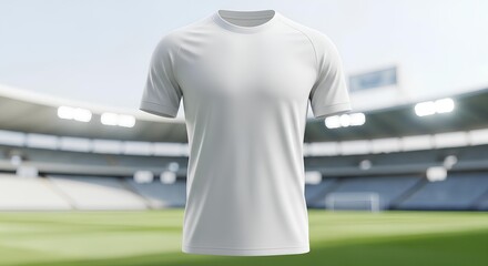 Plain white sports jersey mockup on a blurred stadium background. Blank football t-shirt template for team apparel design.