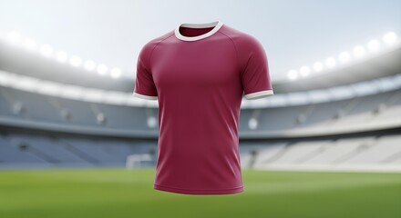 Blank maroon football jersey mockup for team branding displayed in a brightly lit professional sports stadium background