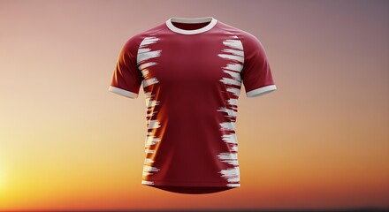 Maroon and white sports jersey mockup with an abstract serrated pattern on the sides against a dramatic sunset sky.