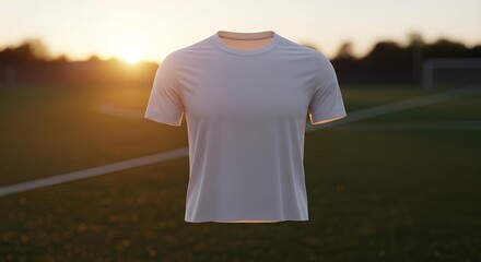 Blank athletic performance t-shirt mockup on a soccer field at sunset for sportswear branding and design presentation