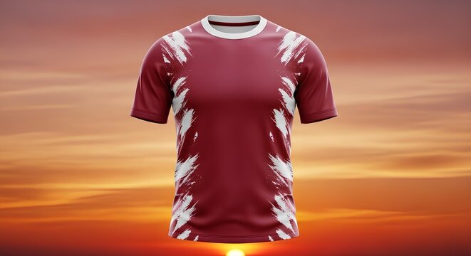 Maroon and white sports jersey mockup with abstract brush stroke design against a vibrant sunset sky. Front view of a customizable football t-shirt template.