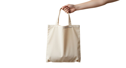 Hand holding a reusable beige cotton tote bag with short handles 1.