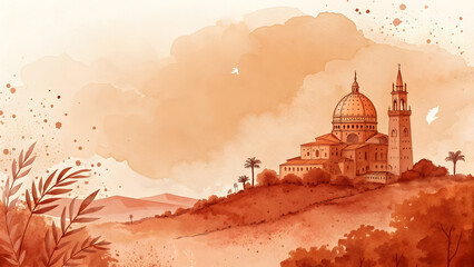Burnt Orange Watercolor Wash Texture Background Featuring a Hilltop Basilica with Dome and Bell Tower Palm Trees and Foliage Under a Soft Orange Sky with White Bird