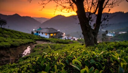 Scenic tea plantation at sunrise.