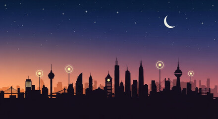 Night cityscape skyline silhouette vector illustration with stars and moon scenic background 100